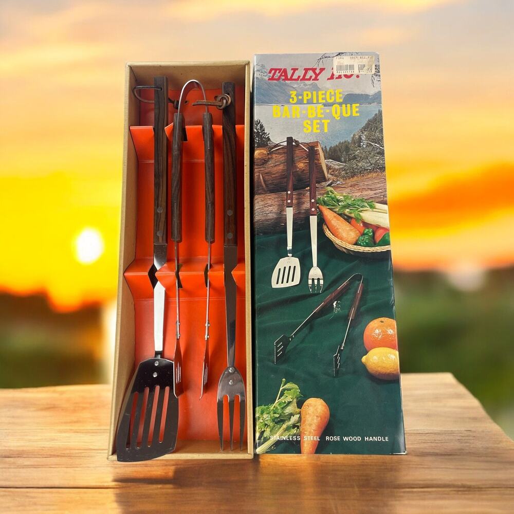NEW VTG Tally Ho 3-Piece BBQ Grill Set Stainless Steel Rosewood Handles Japan